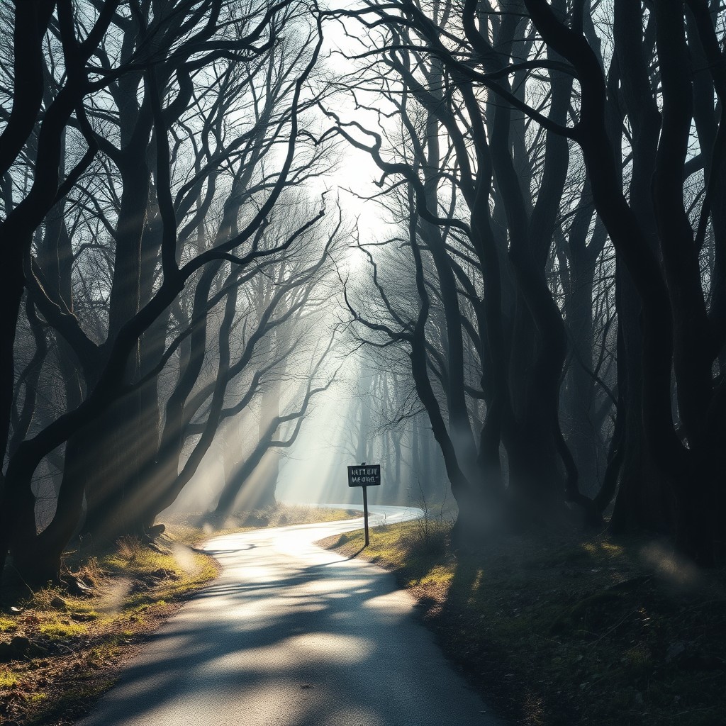 A narrow road winding through spooky woods during the day, where sunlight breaks through the dense canopy of gnarled branches, casting dappled shadows on the forest floor