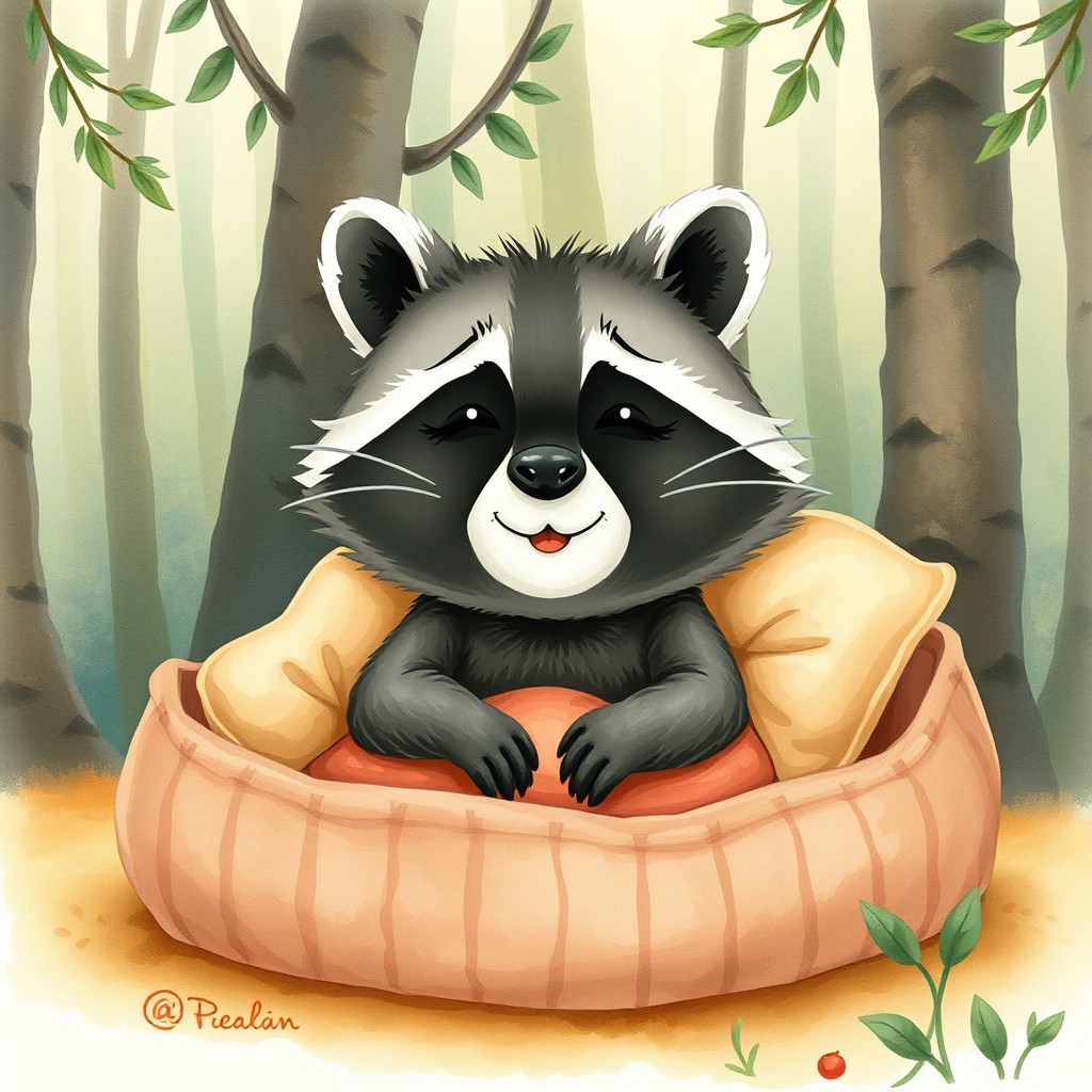 A charming and friendly raccoon captured mid-yawn, preparing to sleep in its cozy little bed, nestled within a magical, nostalgic forest
