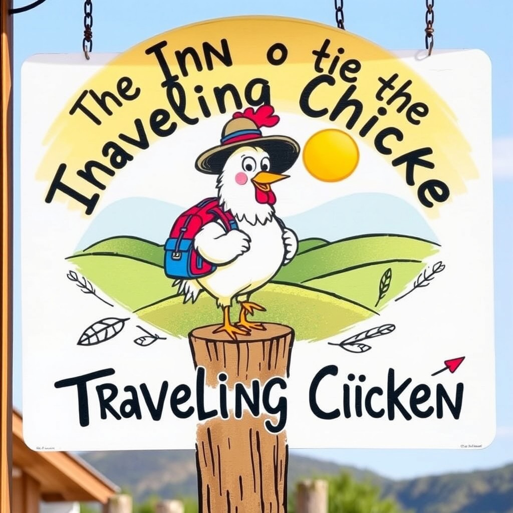 A delightful and whimsical inn sign for 'The Inn of the Traveling Chicken'