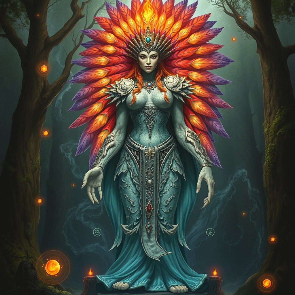 A majestic stone giant sorceress, towering and powerful, with a beautifully detailed feather headdress that cascades down her back like a waterfall of vibrant colors
