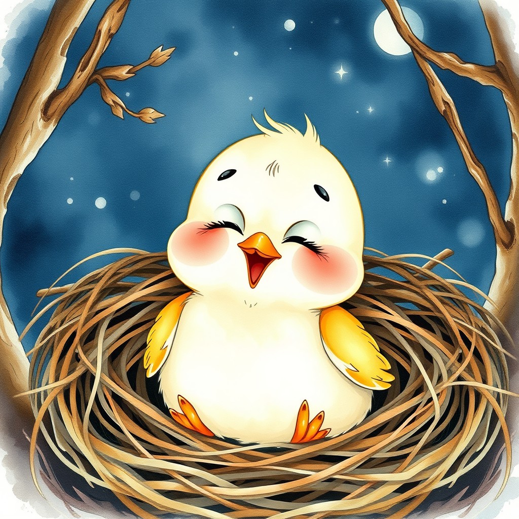 A high-resolution illustration (300 dpi, A4 size) of a cute and friendly little bird captured mid-yawn as it prepares to sleep in its cozy nest