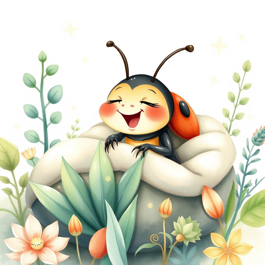 A high-resolution illustration (300 dpi, A4 size) of a cheerful and friendly beetle, captured yawning as it prepares to sleep in its cozy little bed among plants