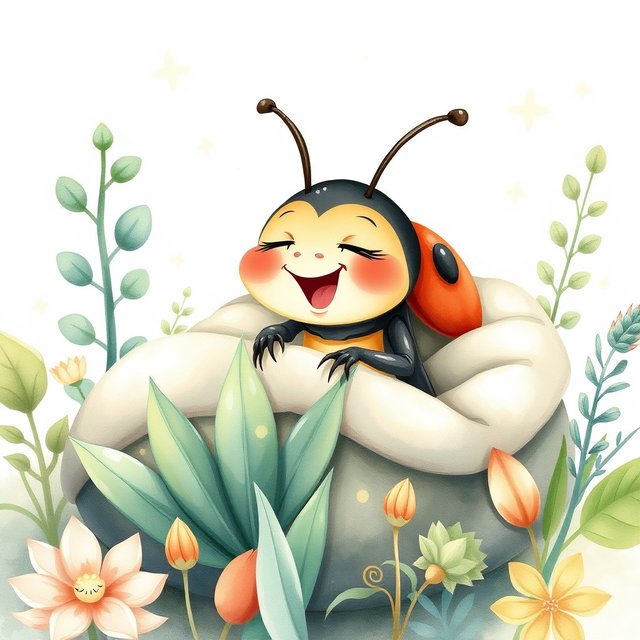 A high-resolution illustration (300 dpi, A4 size) of a cheerful and friendly beetle, captured yawning as it prepares to sleep in its cozy little bed among plants