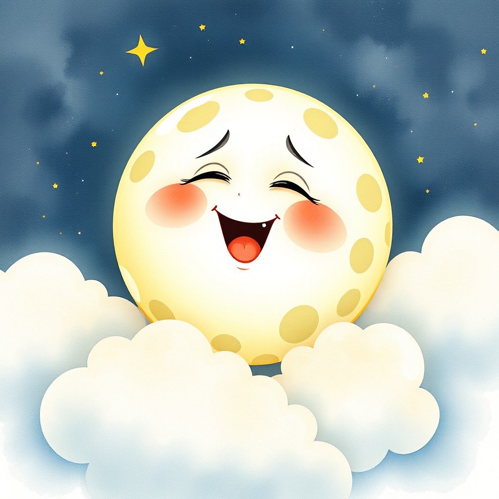 A high-resolution illustration (300 dpi, A4 size) of a friendly and cute moon captured yawning as it prepares to sleep in its space environment