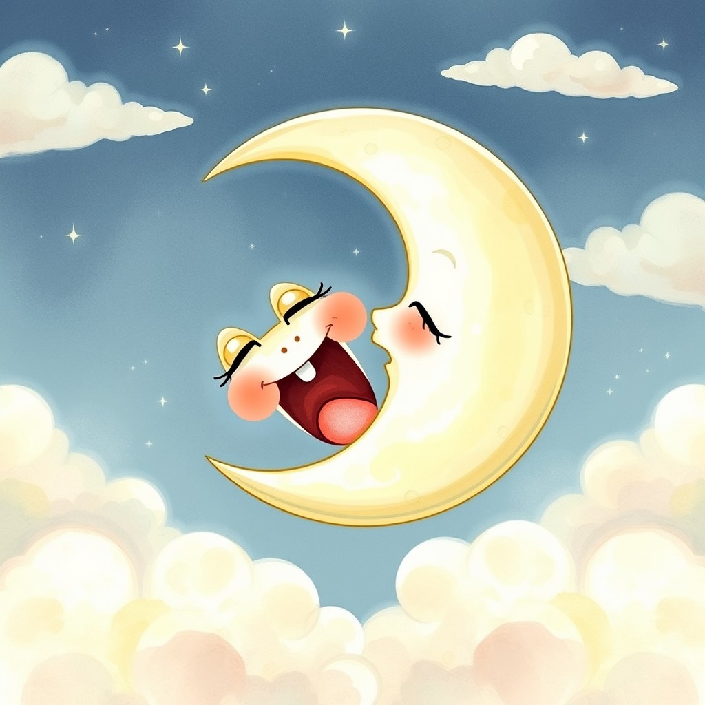 A heartwarming and friendly crescent moon captured in the moment of a big yawn as it prepares to sleep, with large and expressive eyes and a gentle smile that radiates warmth