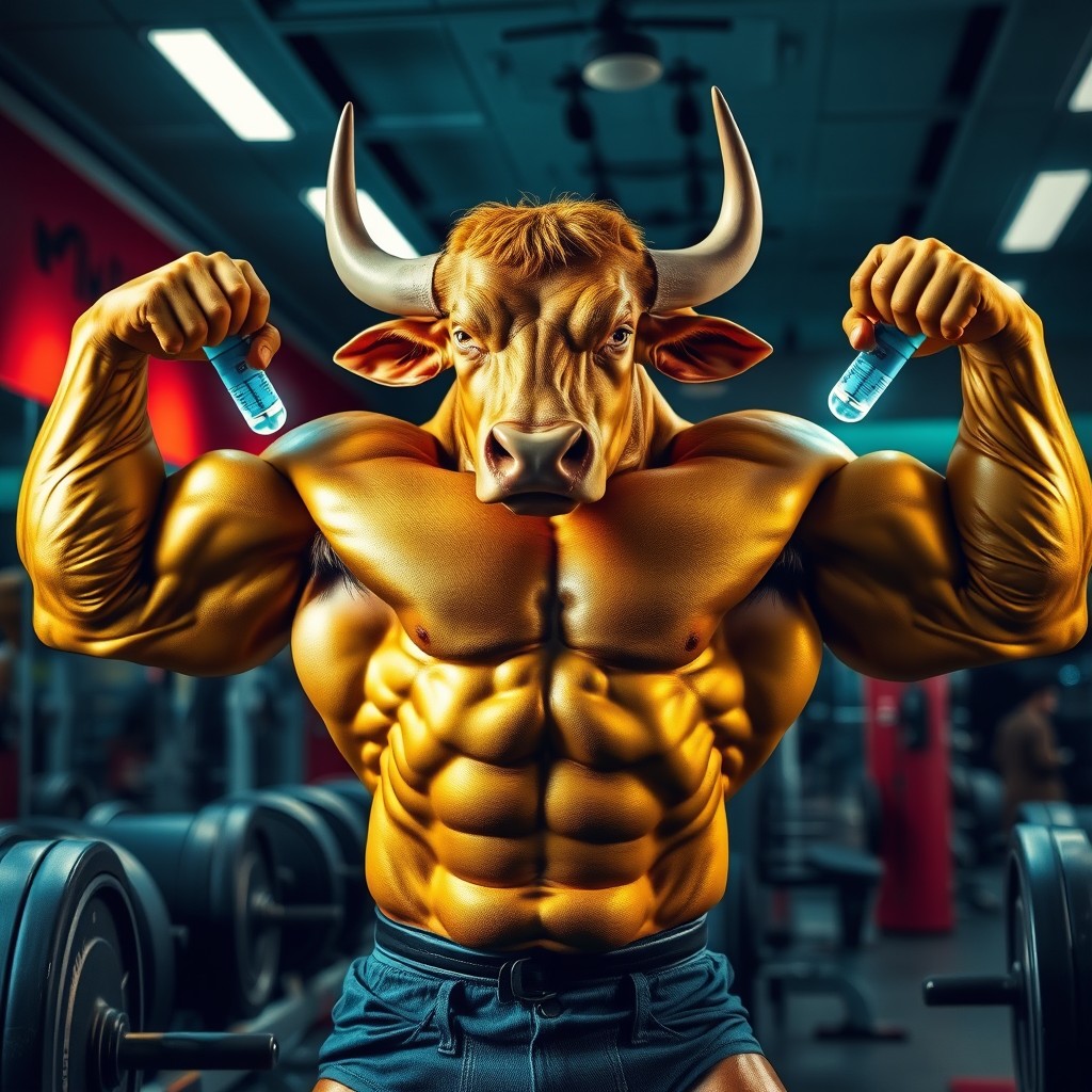 A muscular golden bull, flexing its impressive physique, with visual effects showing glowing steroids being injected into its muscles