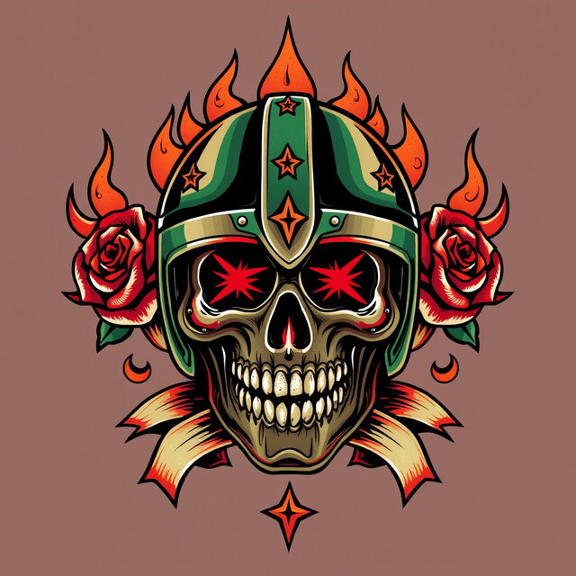 A Doom Eternal helmet designed in an old school tattoo style, featuring bold outlines, traditional color palette of red, green, and black, and classic tattoo motifs like roses, skulls, and flames surrounding the helmet