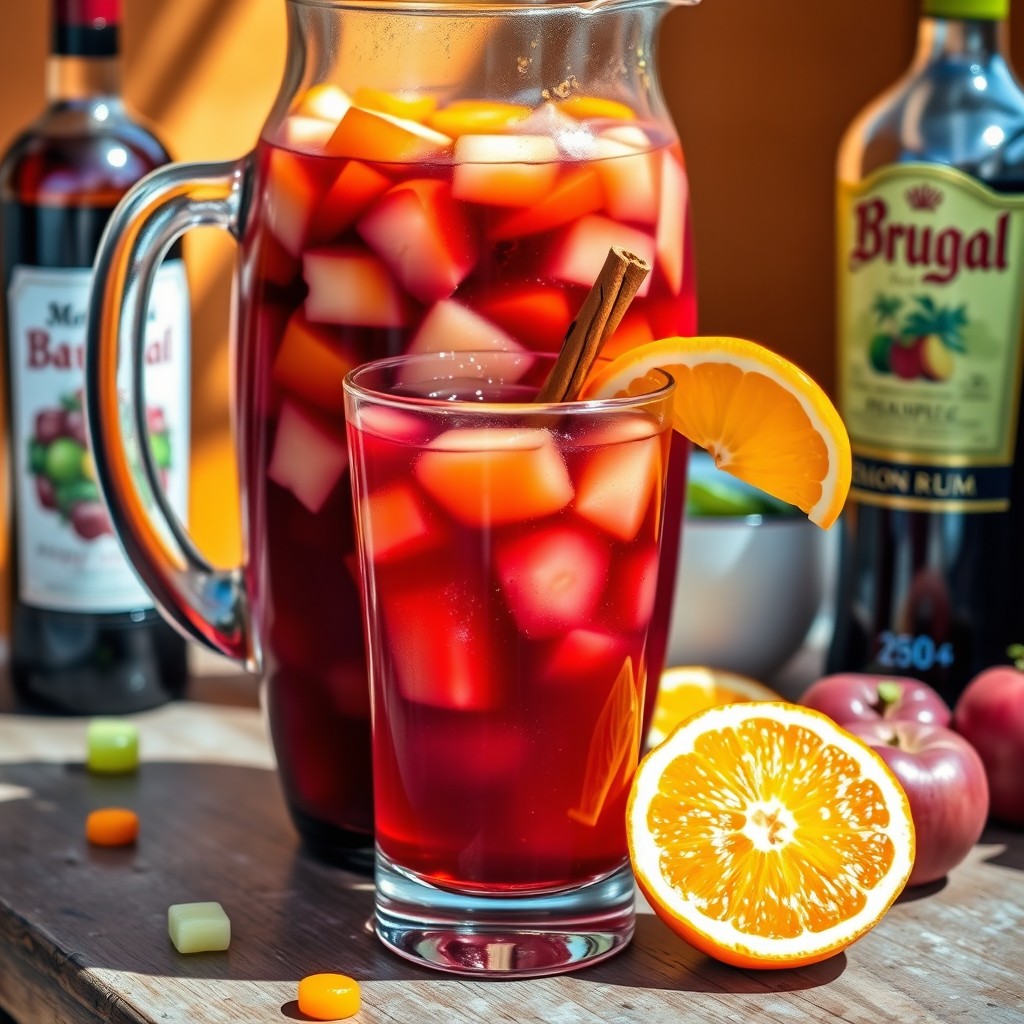 A vibrant, tropical Dominican sangria served in a large clear glass pitcher alongside a glass cup