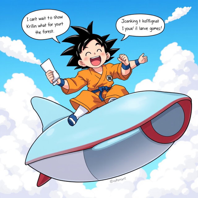 Young Goku is depicted riding his iconic Flying Nimbus, joyfully soaring through the sky with a bright smile on his face