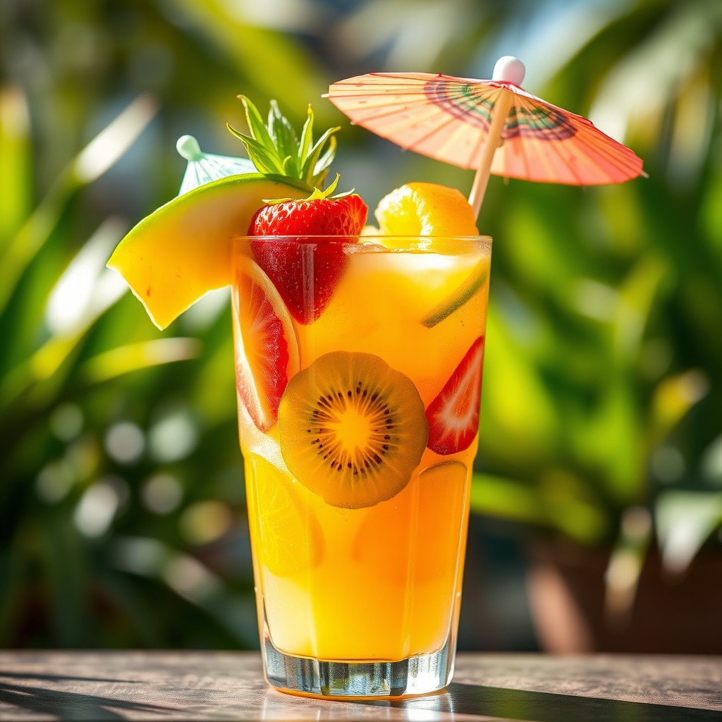 An inviting image of a Tropical Fruit Mocktail presented in a clear glass