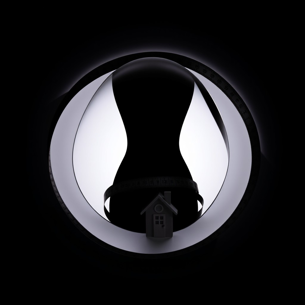 A silhouette of a waist centered within a circle, surrounded by a black measuring tape and a tefillin house