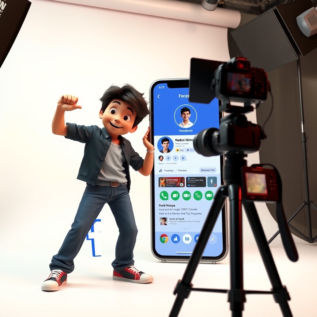 A young male character in a Pixar/Disney 3D animation style, striking a fun dynamic pose, standing next to a giant smartphone that is displaying a Facebook profile for 'Nadun Nimnada'