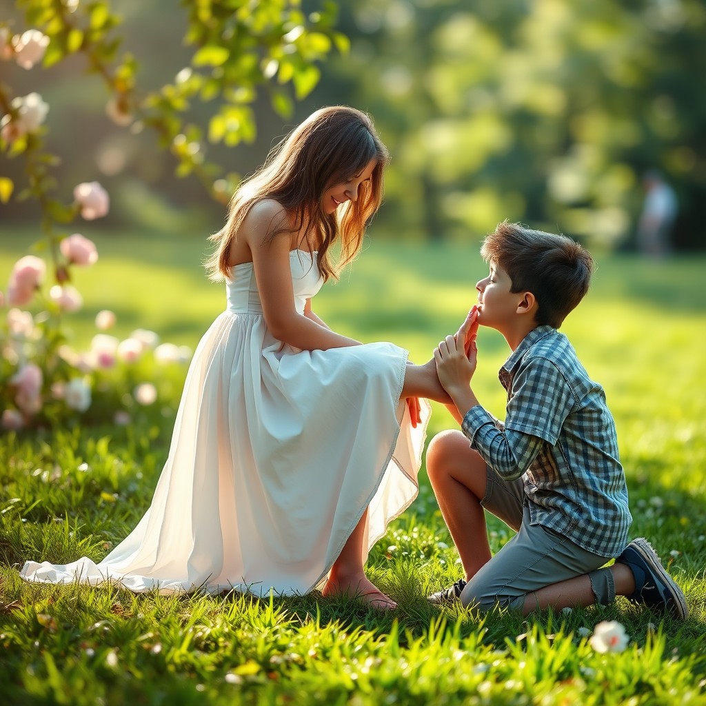 A romantic and intimate scene depicting a boy gently kissing a girl's feet, showcasing their close connection
