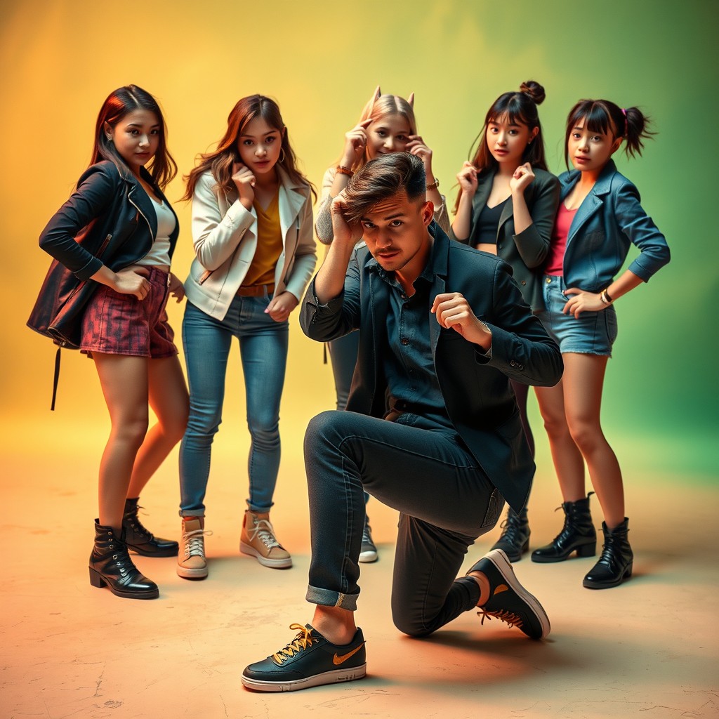 A dramatic scene in which a young man is kneeling in front of a group of young women, with a focus on the dynamic interaction as one of the girls playfully stomps her foot near his head