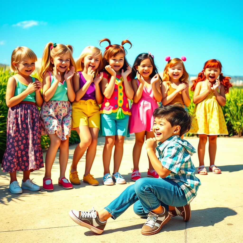 A whimsical and playful scene featuring a boy kneeling down playfully in front of a group of girls who are laughing and stomping playfully near his head, capturing a light-hearted and fun atmosphere