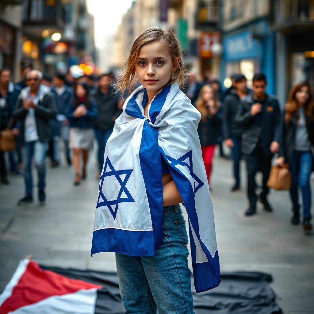 A young woman with an Israeli flag draped over her shoulders, confidently standing on the ground where a Palestinian flag lies