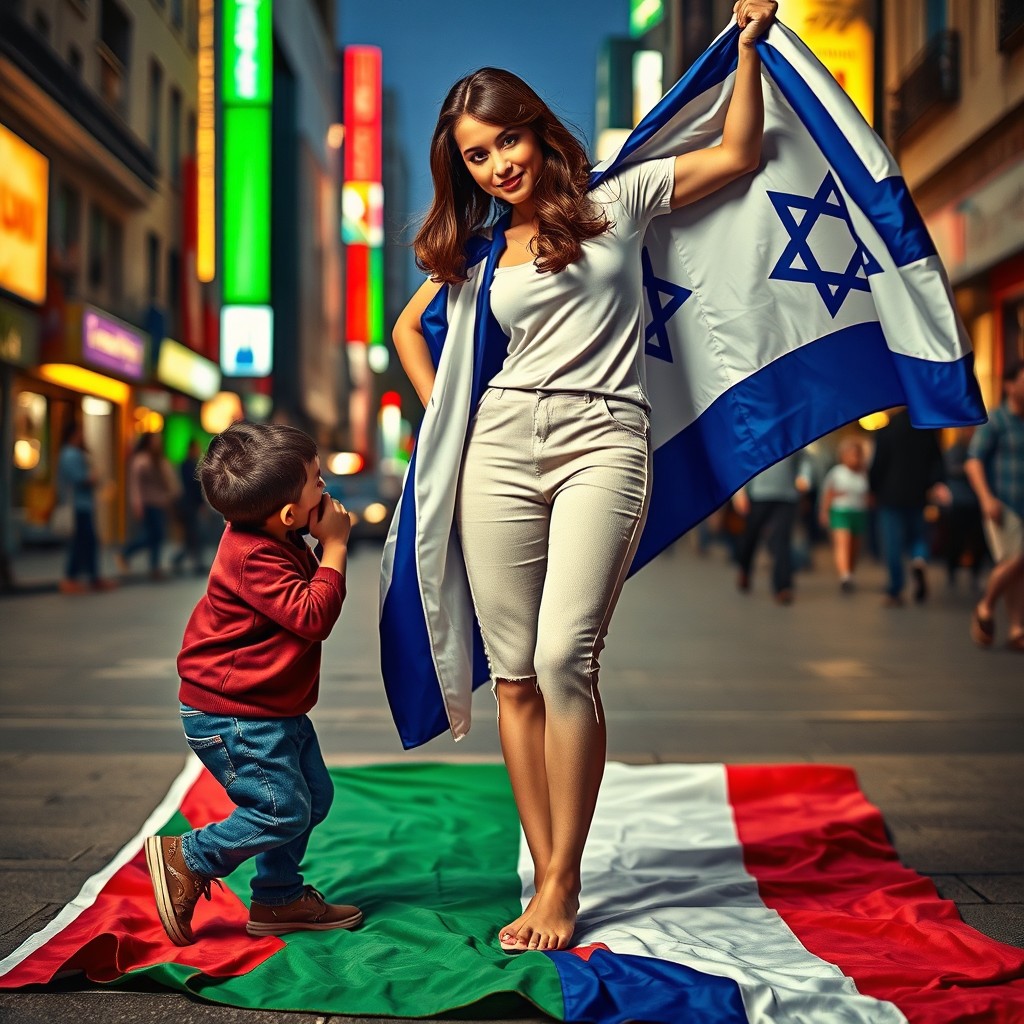 A scene depicting a young woman confidently standing on a Palestinian flag, which is visibly spread out beneath her feet, as she holds an Israeli flag proudly draped over her shoulders