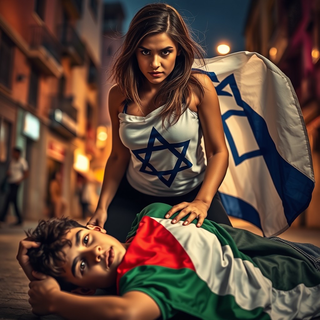 A powerful and evocative scene showcasing a young woman with an Israeli flag, displaying a sense of strength and assertiveness, as she stands over a teenage boy who is lying on the ground adorned with a Palestinian flag