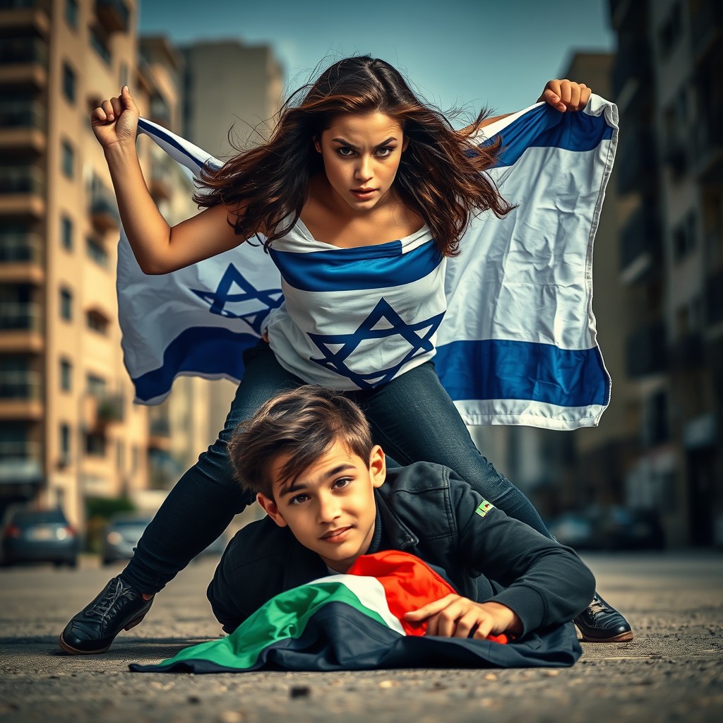 A dramatic scene showcasing a young woman with an Israeli flag, boldly trampling a teenage boy who is lying on the ground with a Palestinian flag underneath him