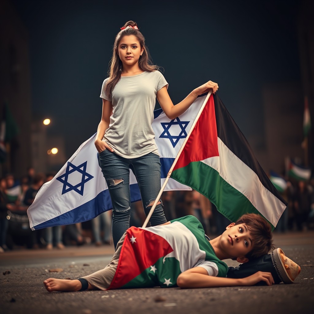 A powerful scene depicting a young woman standing confidently, holding an Israeli flag, while a teenage boy lies on the ground beneath her, holding a Palestinian flag