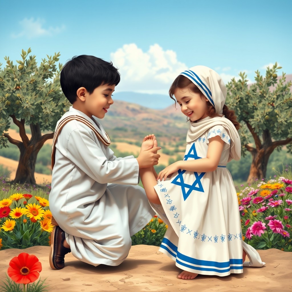A heartfelt scene depicting a Palestinian boy and an Israeli girl in a moment of unity and friendship