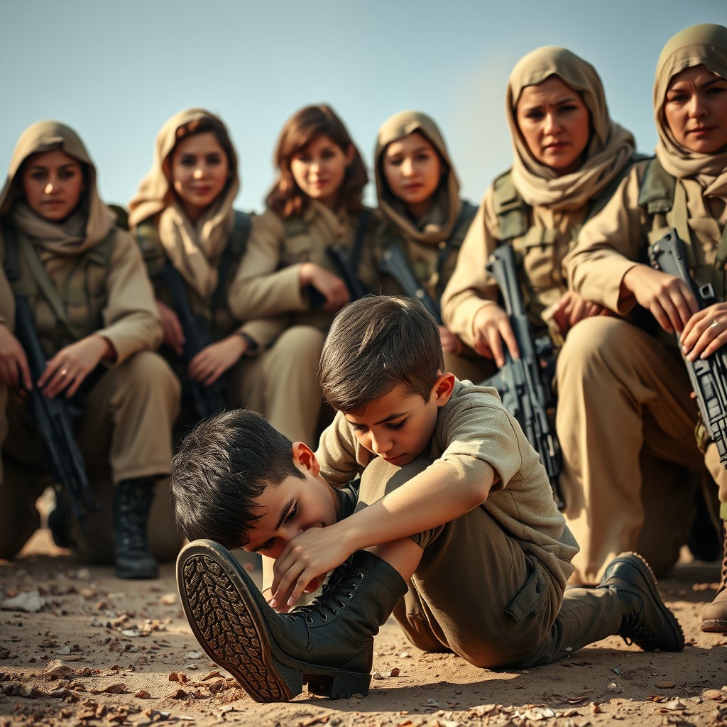 A dramatic and intense scene set in a conflict zone, portraying female Israeli soldiers in a commanding position as they assert their authority