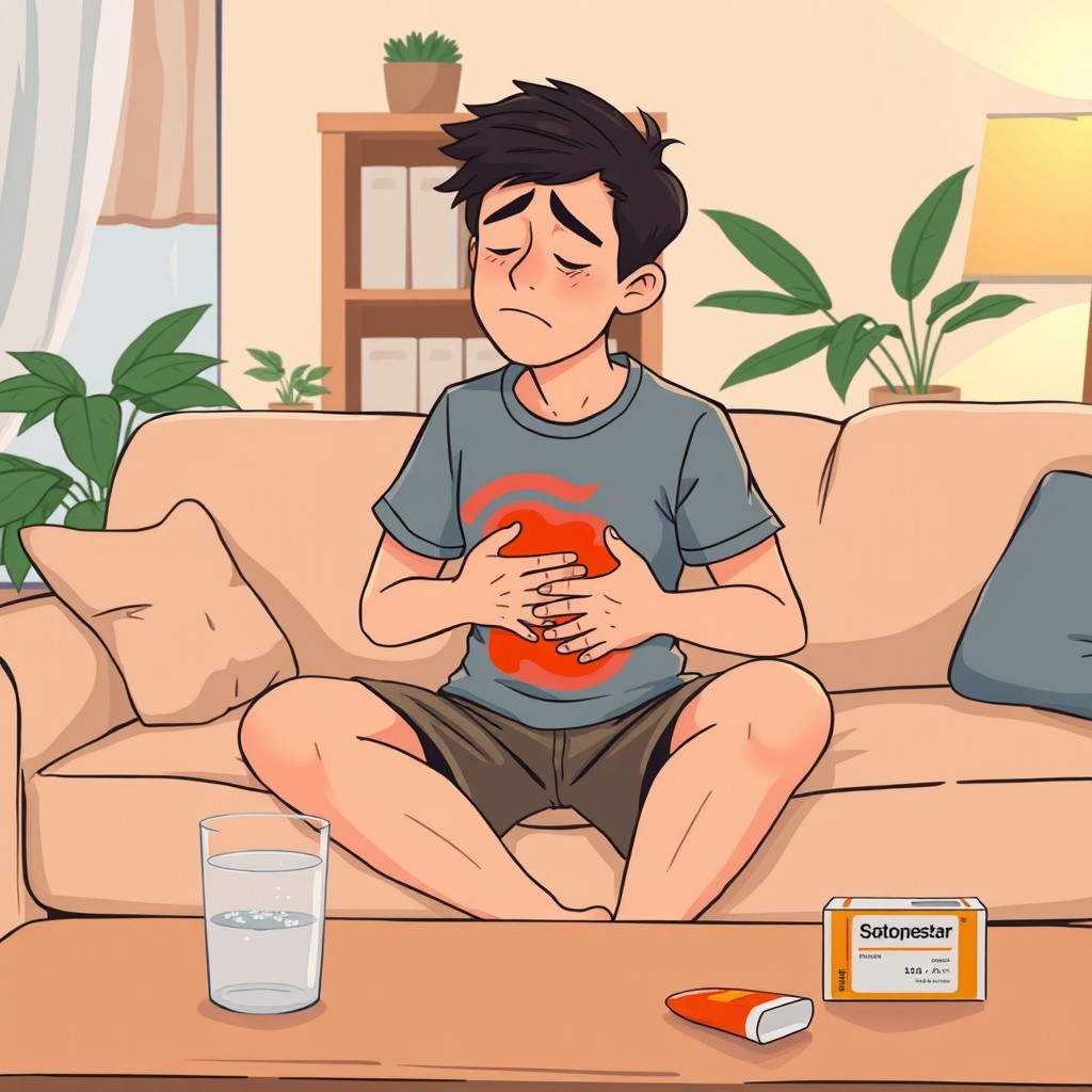 An illustration of a person sitting on a couch with a distressed expression, holding their stomach due to a stomach ache