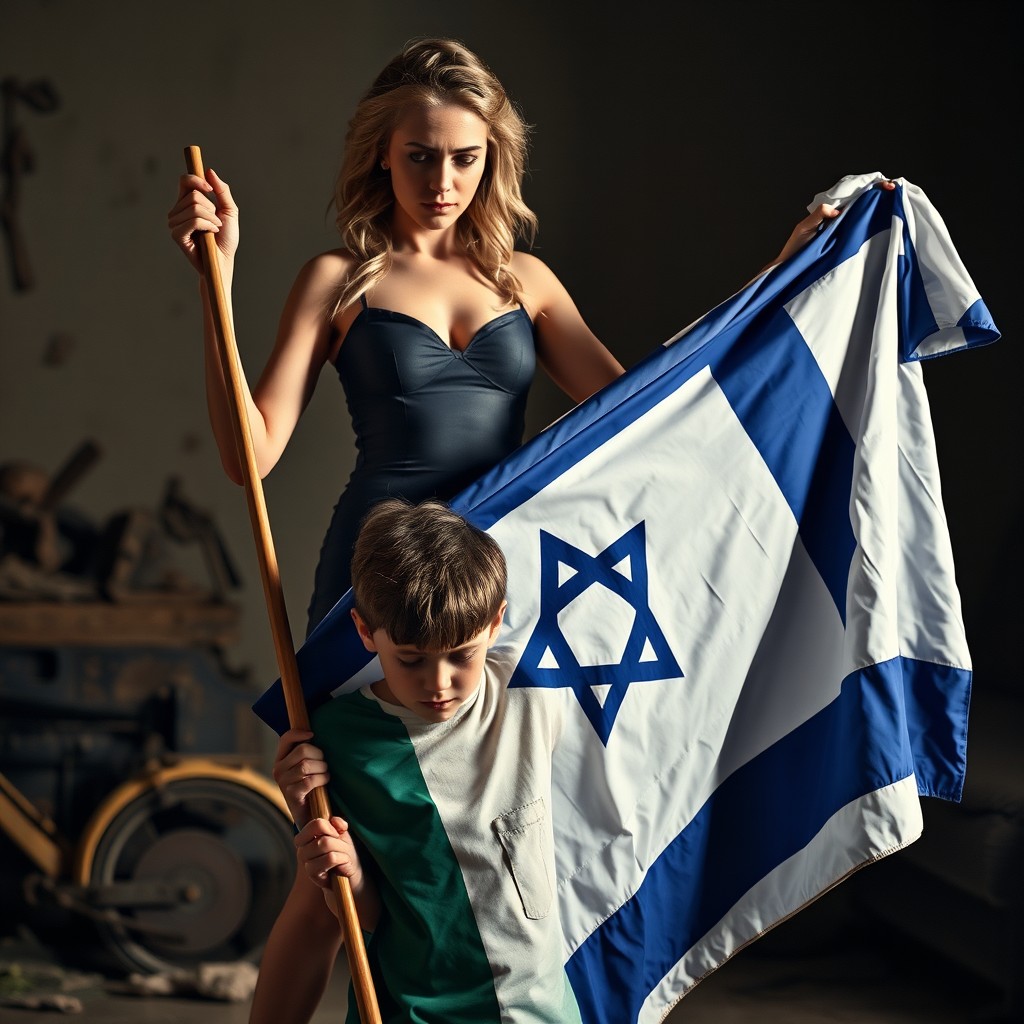 A striking image depicting a powerful mistress holding an Israeli flag, standing with an air of authority