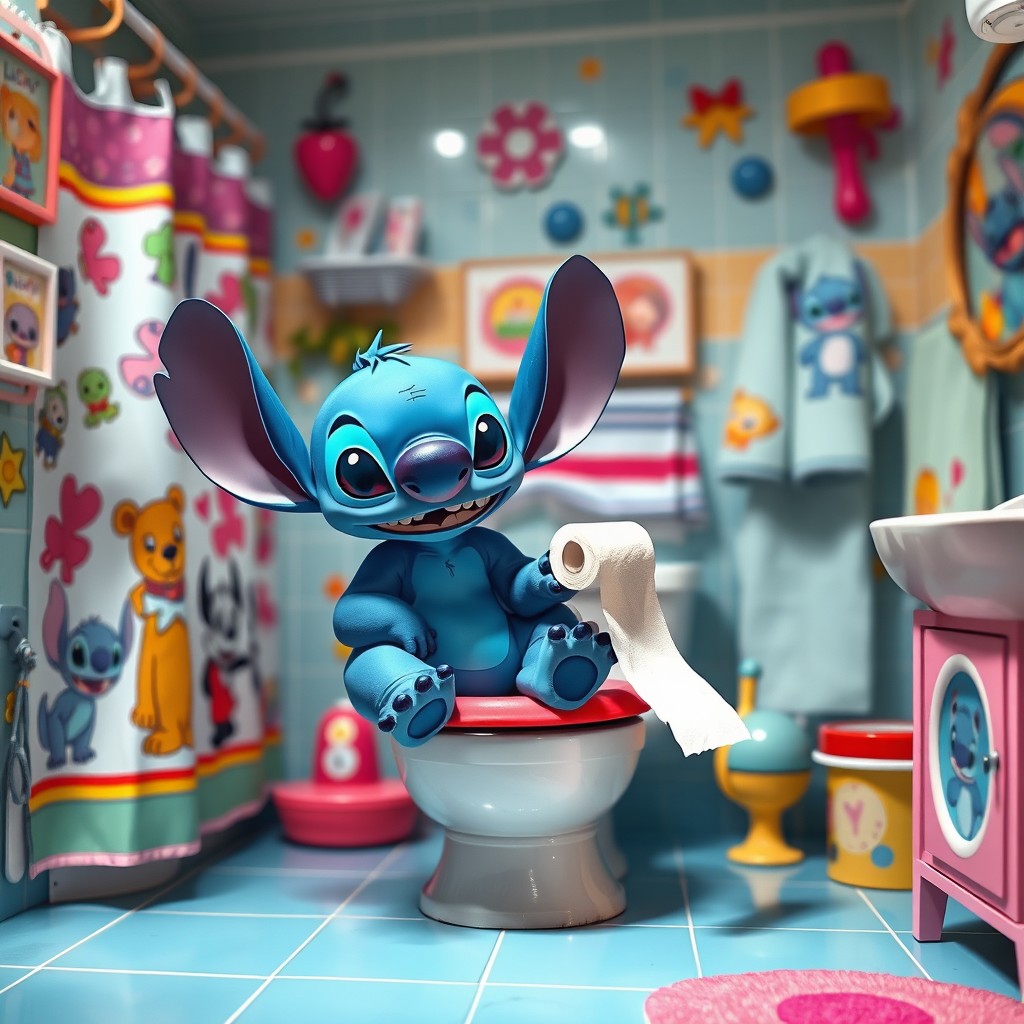 A playful and humorous scene featuring Stitch, the lovable blue alien character from Disney, sitting on a colorful toilet in a bright, fun bathroom