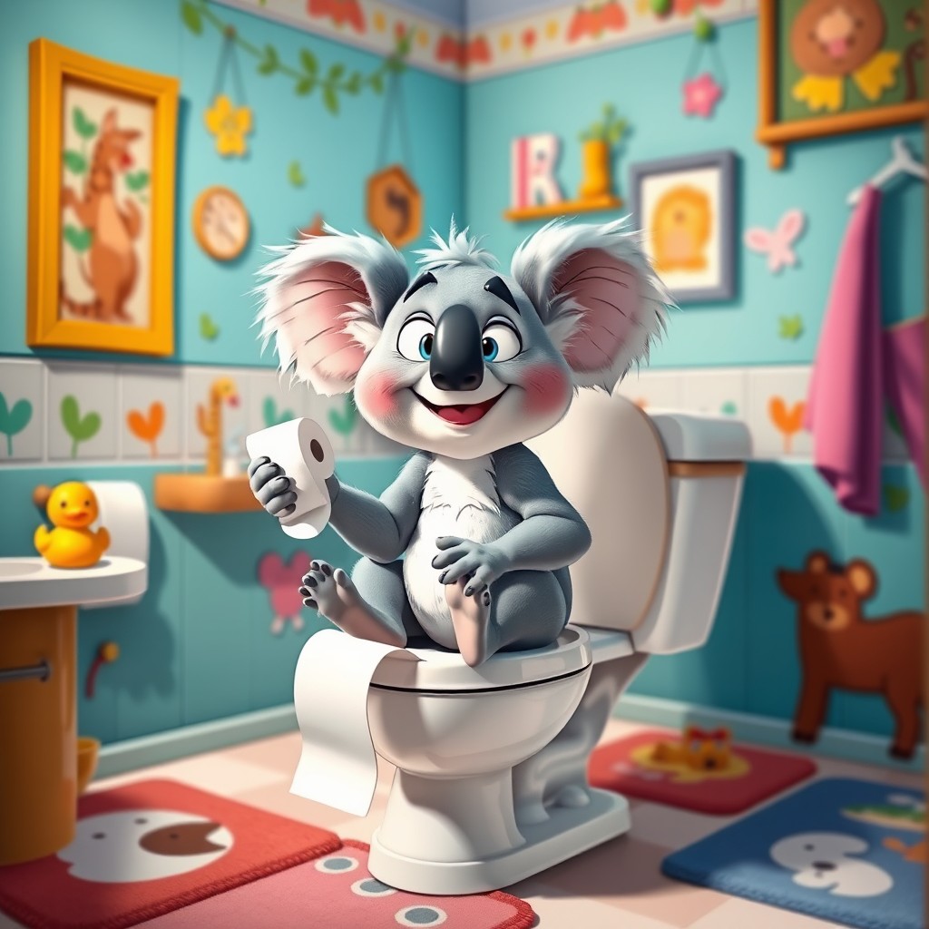 A humorous scene featuring Blinky Bill, the animated koala character, sitting on a toilet with a playful expression