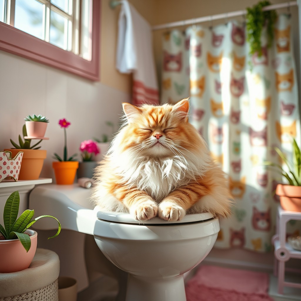 A humorous and adorable scene featuring a fluffy cat napping peacefully while sitting on the toilet