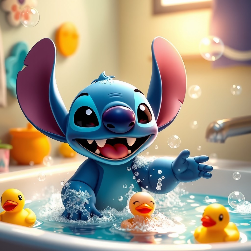 A delightful scene featuring Stitch, the lovable blue alien character from Disney, enjoying a fun bath time