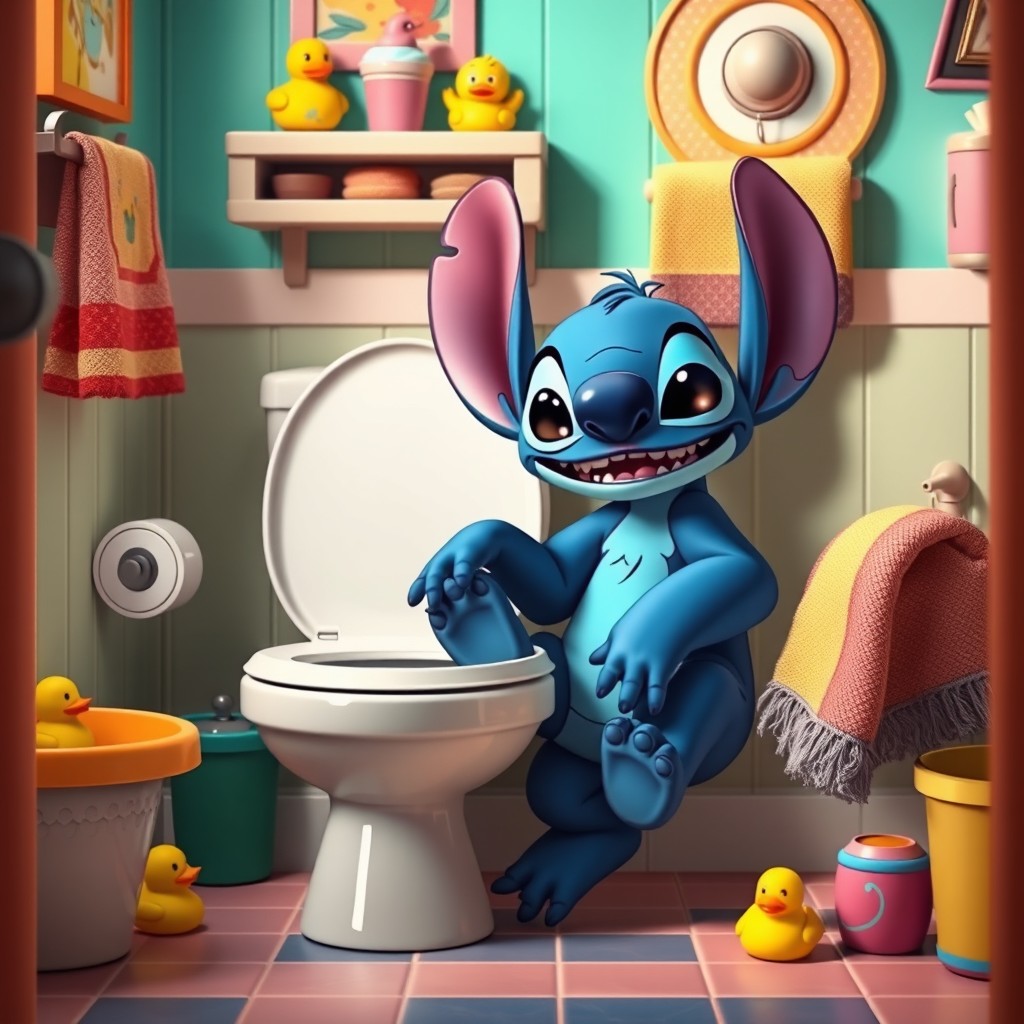 A charming scene featuring Stitch, the lovable blue alien from Disney, playfully sitting next to a toilet in a colorful bathroom