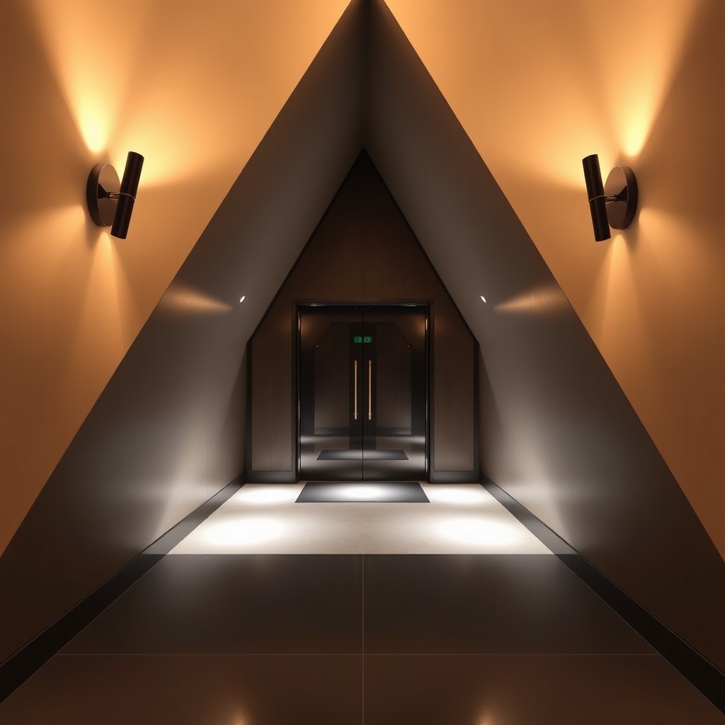 An artistic triangular vestibule featuring striking wall lights that accentuate the unique shape of the space
