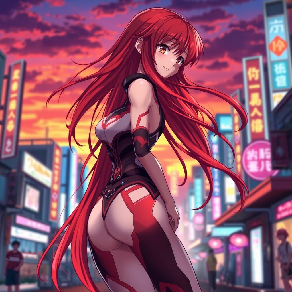 A striking red-haired anime girl depicted in full body with a dynamic pose