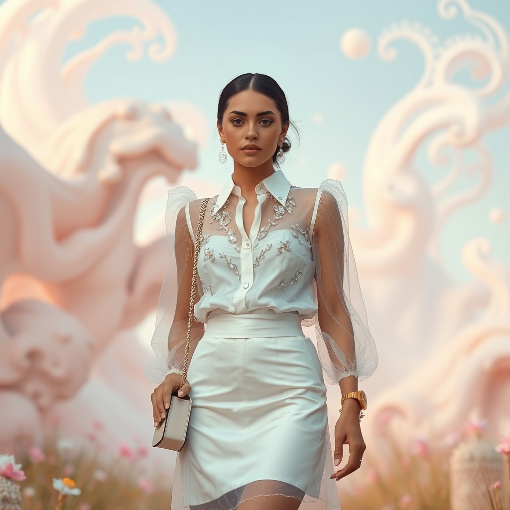 A stylish and sophisticated 18-year-old city woman stands gracefully in a whimsical surreal fantasy landscape