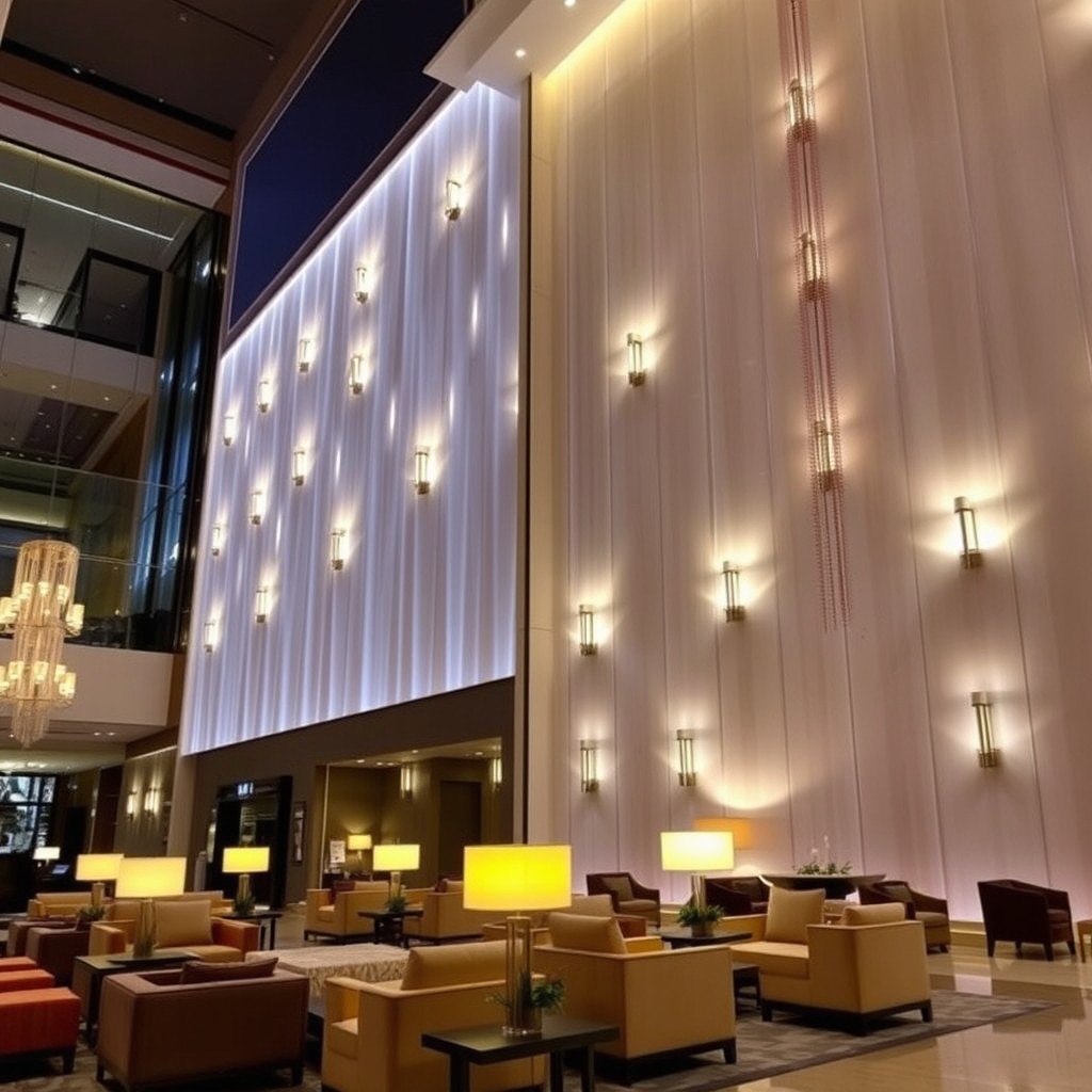 A luxurious lobby featuring exquisite wall lighting that enhances the space's elegance