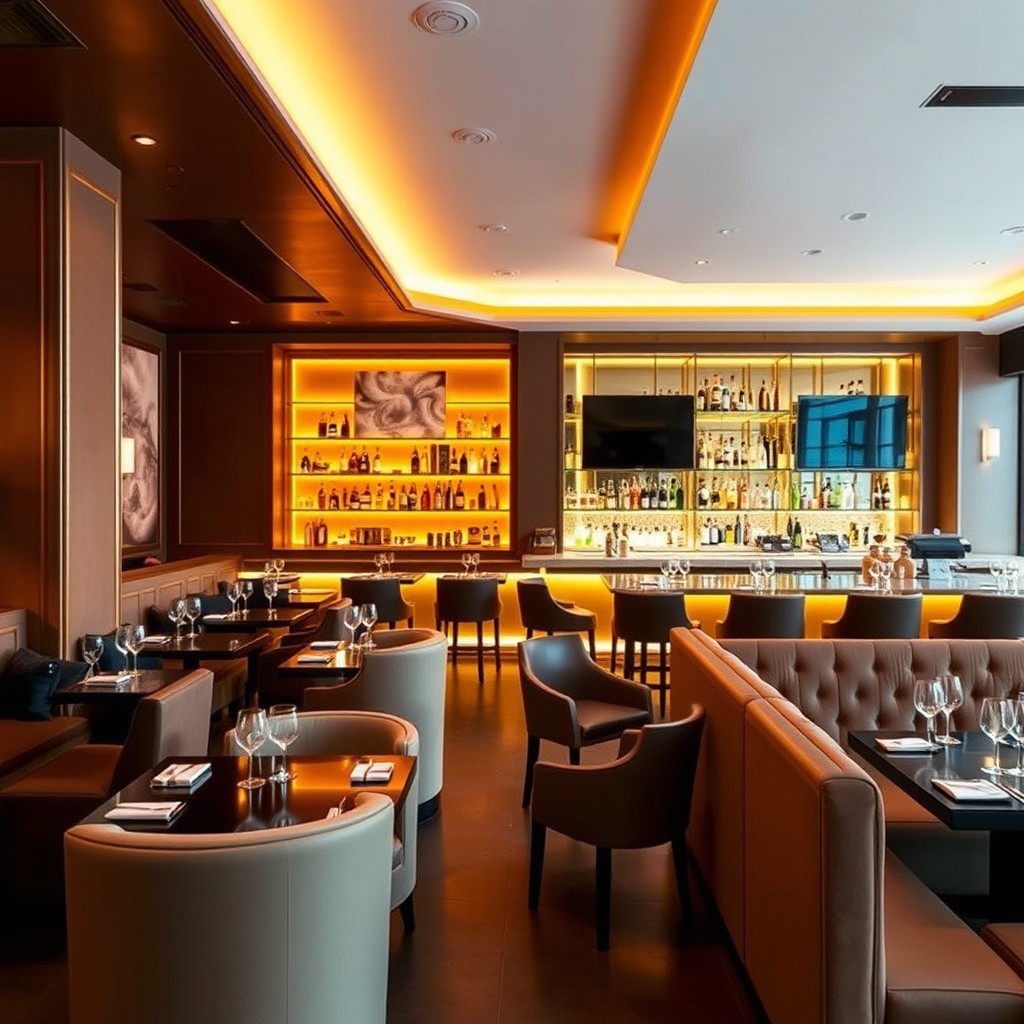 A chic gastrobar featuring elegant perimeter seating with warm lighting that creates a cozy and inviting atmosphere