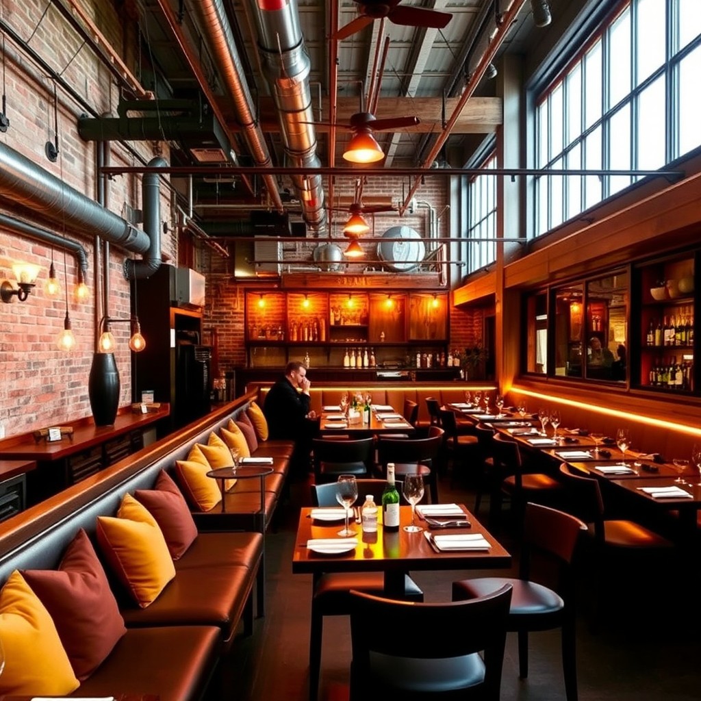 A stylish gastrobar featuring perimeter seating adorned with warm lighting, set against an industrial-themed backdrop