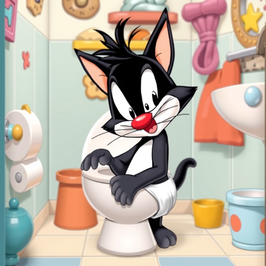 A playful and whimsical scene featuring a baby version of Sylvester the Cat, the beloved Looney Tunes character, attempting to use the toilet