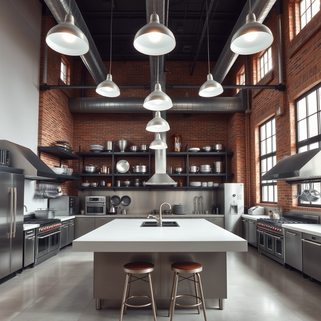 An industrial kitchen featuring a central island