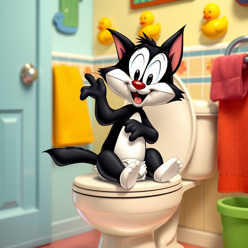 A cute and humorous scene featuring a baby version of Sylvester the Cat, the iconic character from Looney Tunes, sitting on a toilet