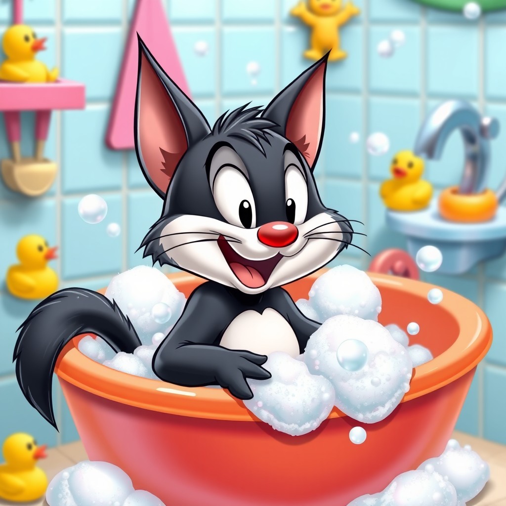 A delightful scene featuring a baby version of Sylvester the Cat, the iconic Looney Tunes character, happily taking a bath