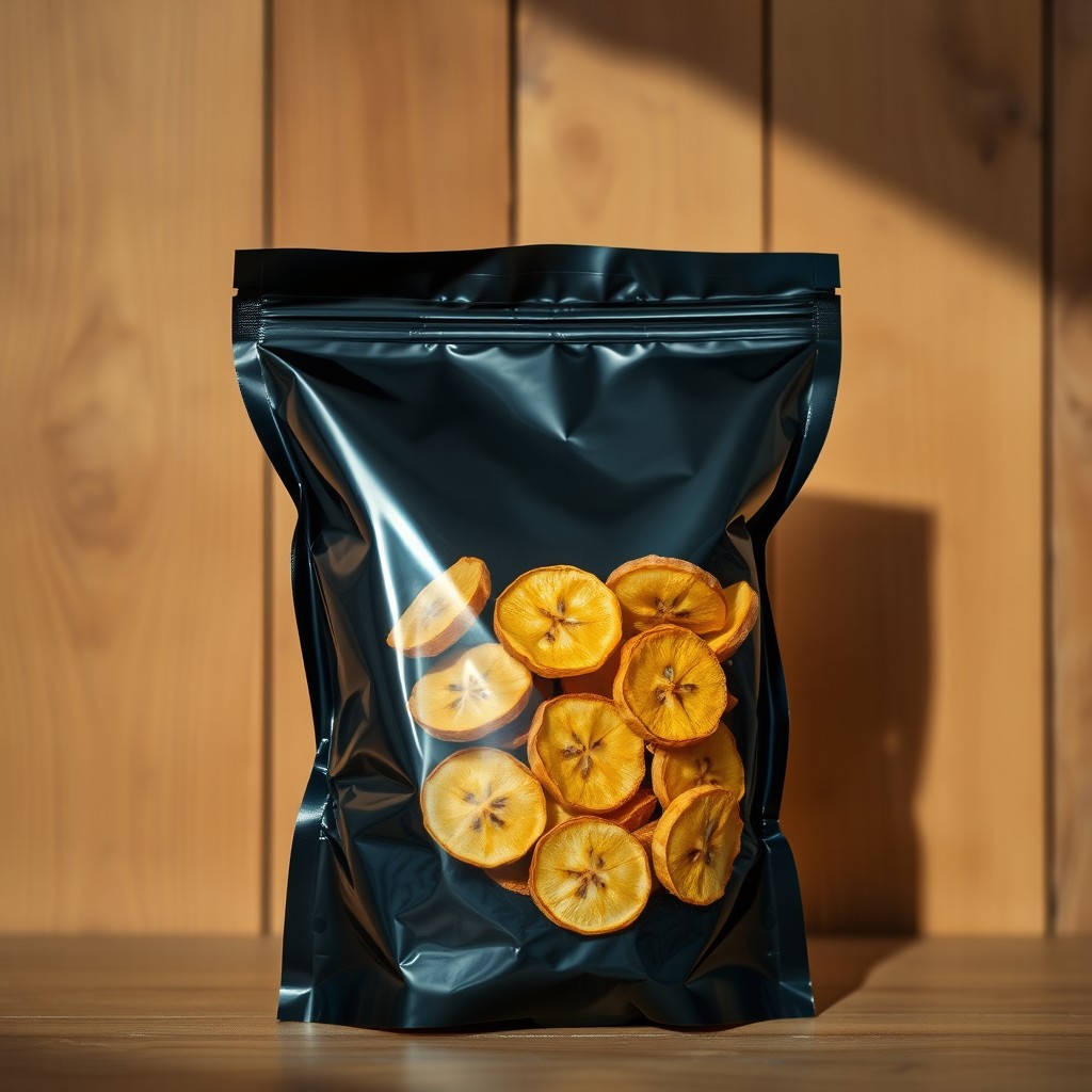 A black cellophane bag tightly sealed with vibrant golden dehydrated banana slices inside, arranged neatly to highlight their natural shape and texture
