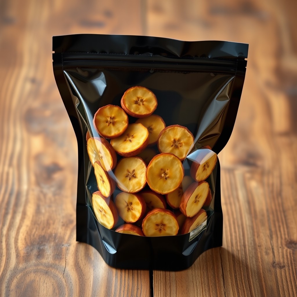 A unique black cellophane bag filled with an assortment of dehydrated banana slices, each piece displaying varying shapes and shades of golden brown