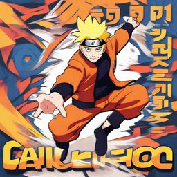 Design a captivating book cover featuring Naruto Uzumaki in dynamic action pose, with vibrant colors that bring out the spirit and energy of the Naruto series. Include the title 'NARUTO' in bold, stylized font.