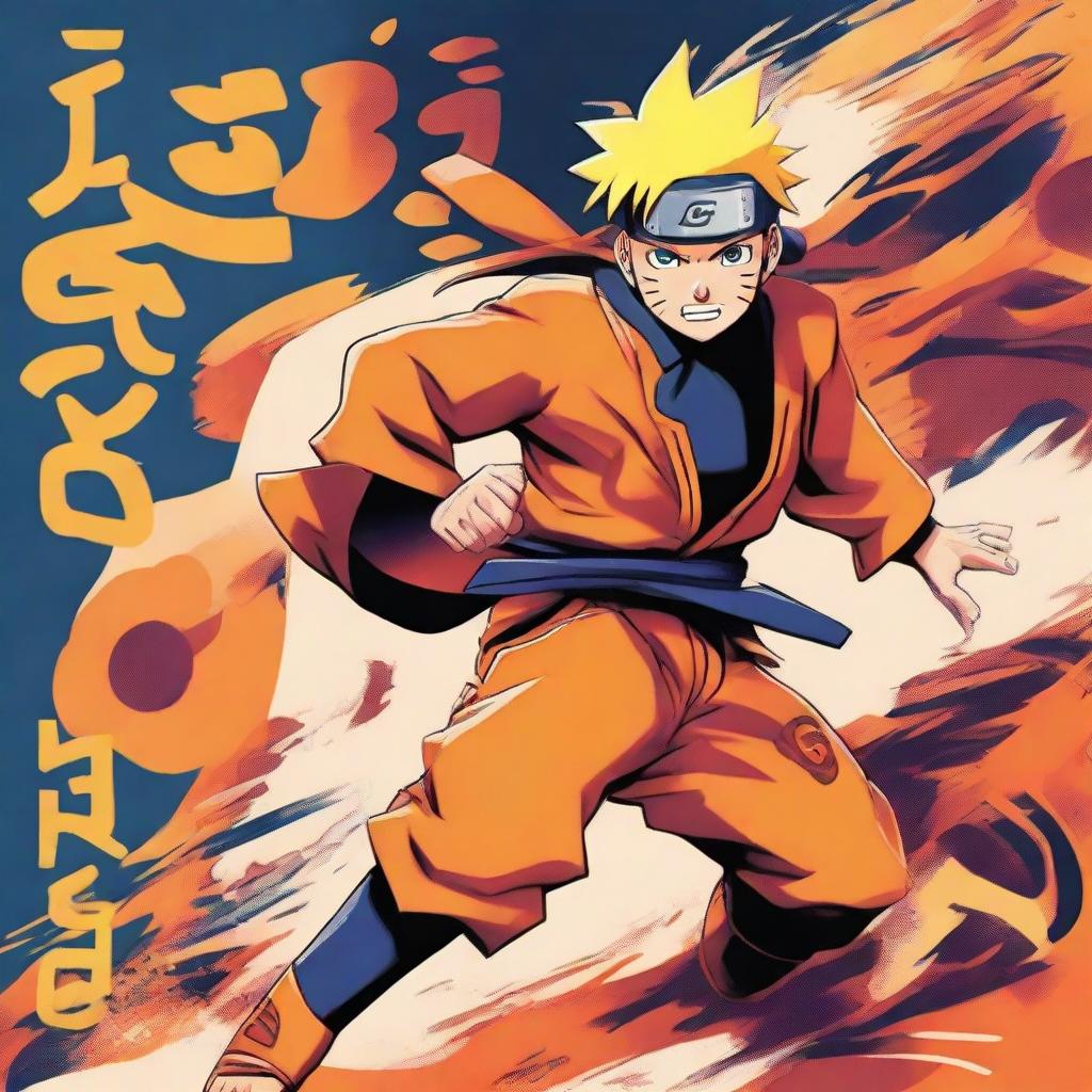 Design a captivating book cover featuring Naruto Uzumaki in dynamic action pose, with vibrant colors that bring out the spirit and energy of the Naruto series. Include the title 'NARUTO' in bold, stylized font.