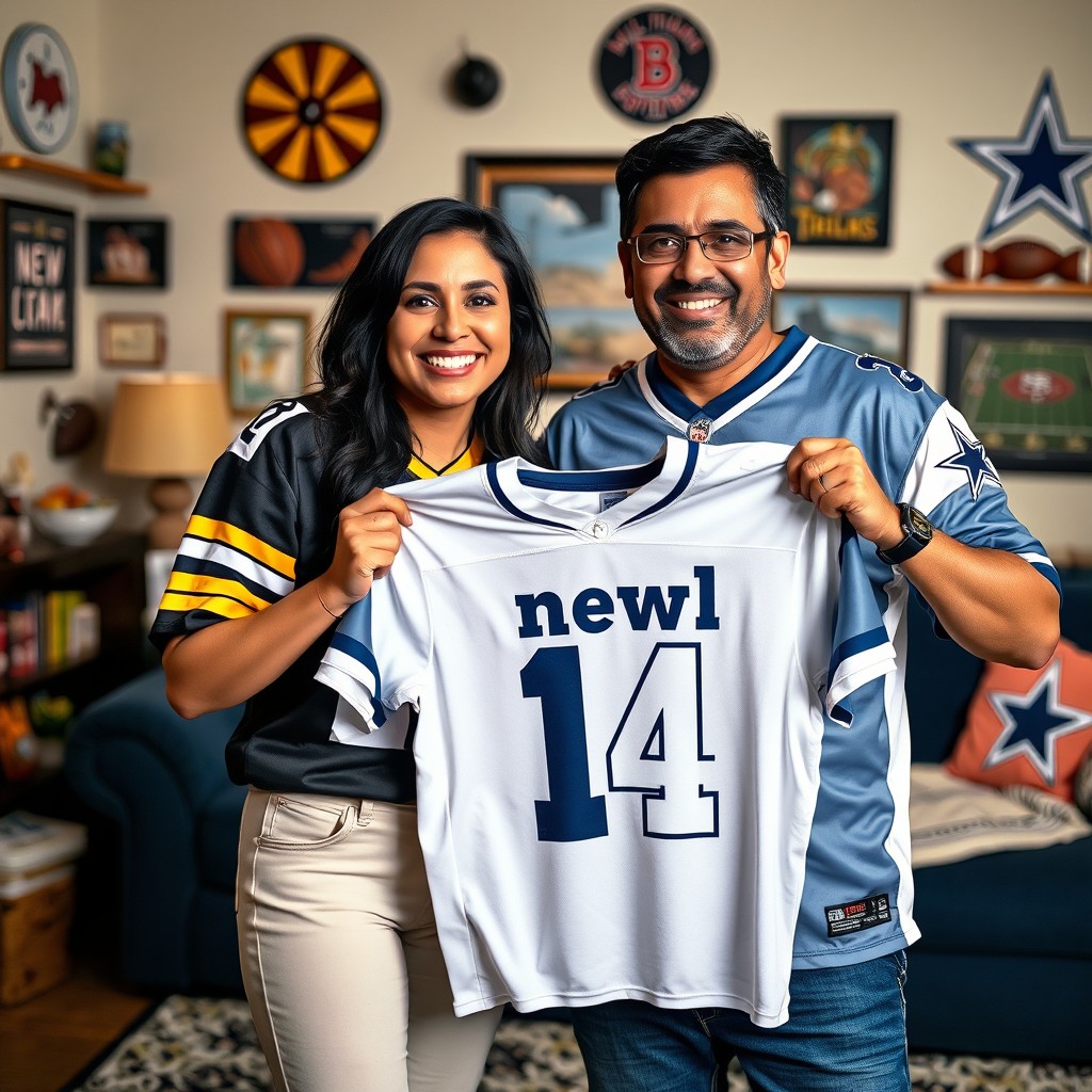 A Hispanic couple in a vibrant living room, the woman wearing a black and yellow Steelers jersey with a smile, standing beside the man who is wearing a blue and white Cowboys jersey