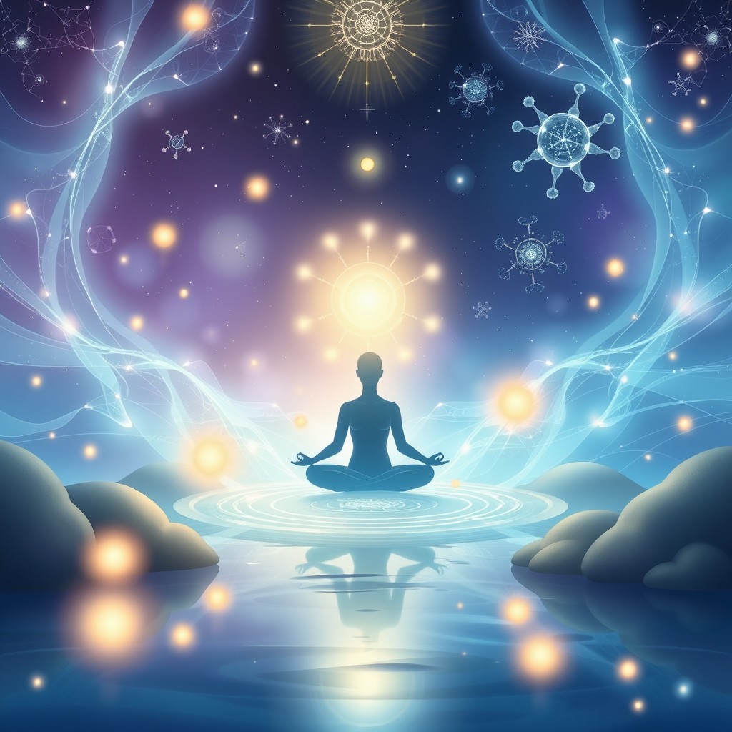 A visually captivating and serene illustration representing the concept of quantum healing