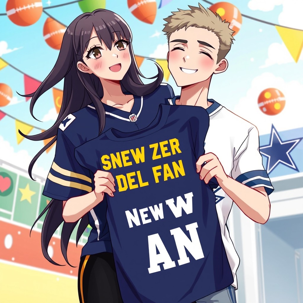 An anime-style illustration of a couple standing close together